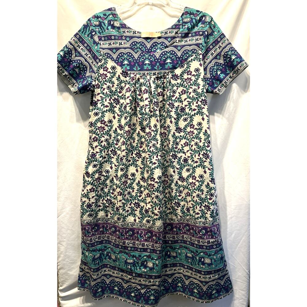Cotton Dress Women's Medium Floral Elephants Bohemian Hipster Pockets La Cera